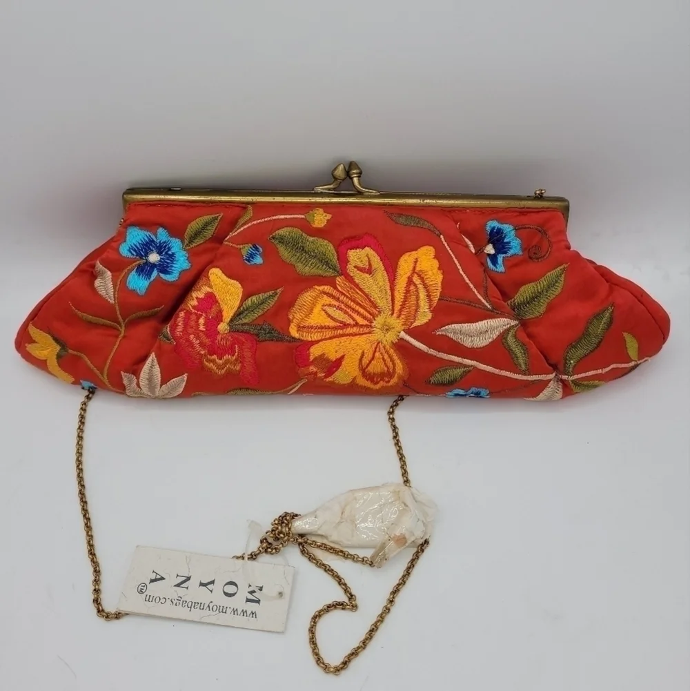 MOYNA from MOYNA Bags, Red Satin Multicolor Floral Satin Clutch.